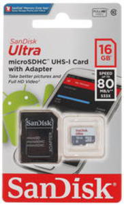 Карта памяти microSDHC 16Gb SanDisk Ultra R:80 SDSQUNS-016G-GN3MA с переходником под SD