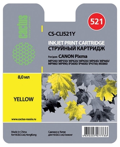 Картридж струйный Cactus CS-CLI521Y желтый для Canon Pixma MP540/ MP550/ MP620/ MP630; MX860,(8,2ml)